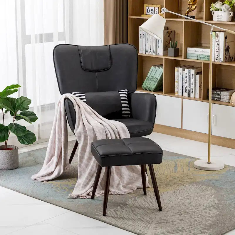 Fauteuil à oreilles en similicuir marron/gris/beige avec repose-pieds, 1 place
