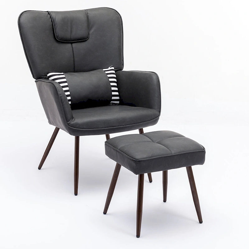Fauteuil à oreilles en similicuir marron/gris/beige avec repose-pieds, 1 place