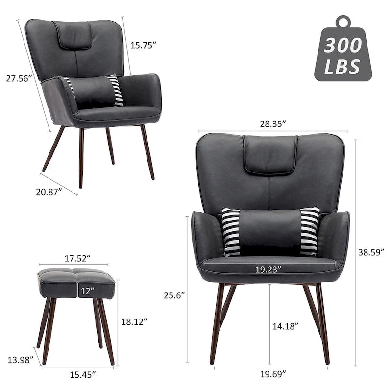 Fauteuil à oreilles en similicuir marron/gris/beige avec repose-pieds, 1 place