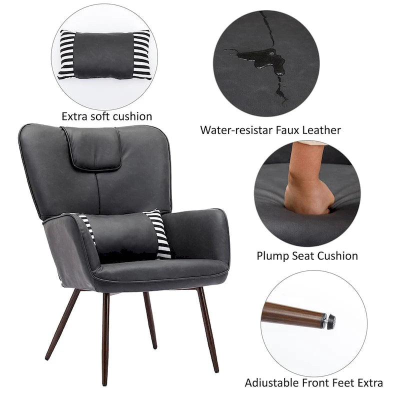 Fauteuil à oreilles en similicuir marron/gris/beige avec repose-pieds, 1 place