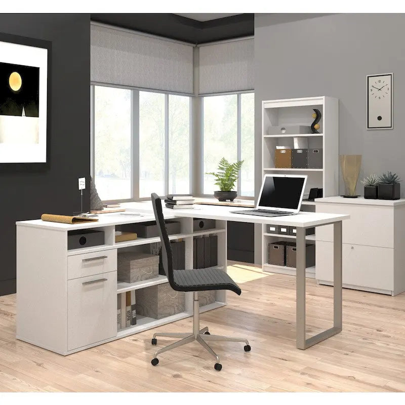 White / Bark Grey / Chocolate L-Shaped Desk Set with File Cabinet & Bookcase – 1 Person