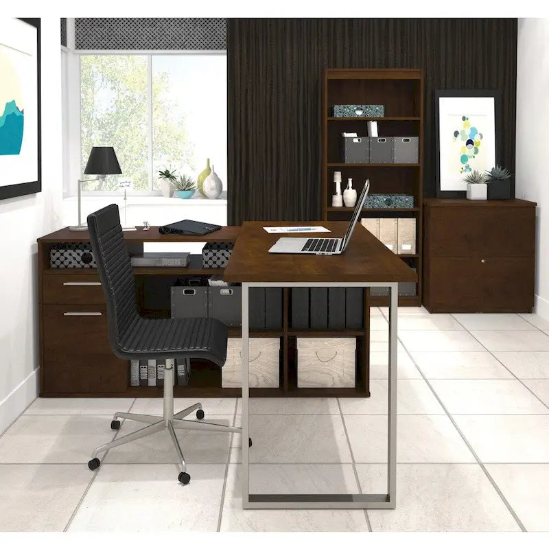 White / Bark Grey / Chocolate L-Shaped Desk Set with File Cabinet & Bookcase – 1 Person