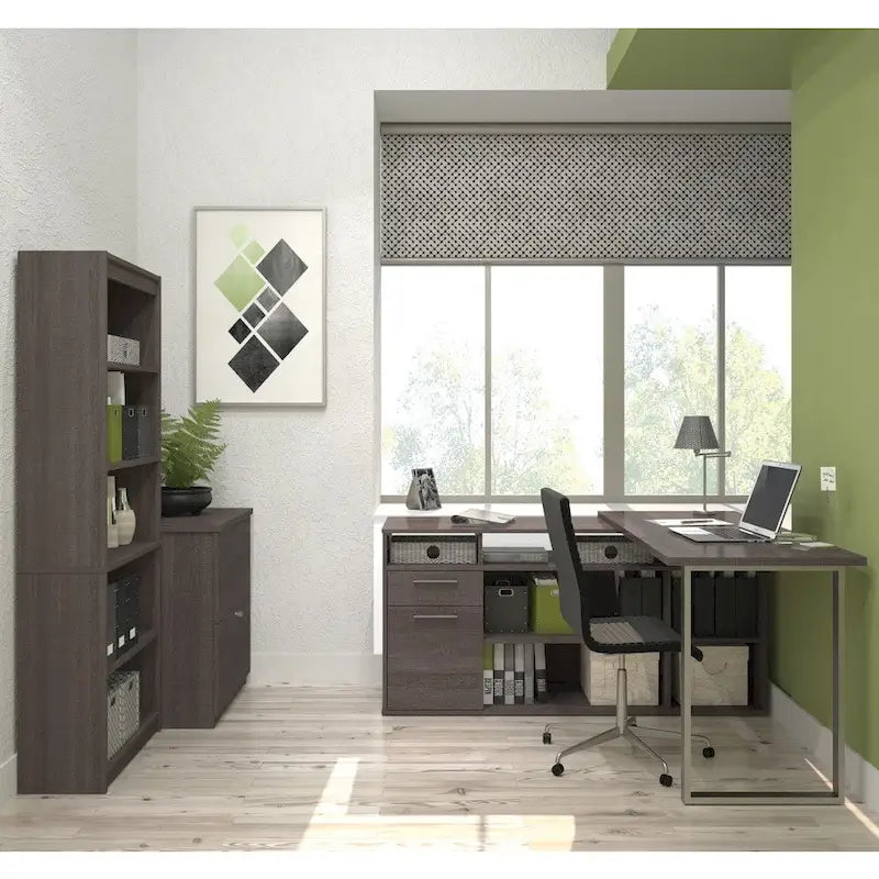 White / Bark Grey / Chocolate L-Shaped Desk Set with File Cabinet & Bookcase – 1 Person