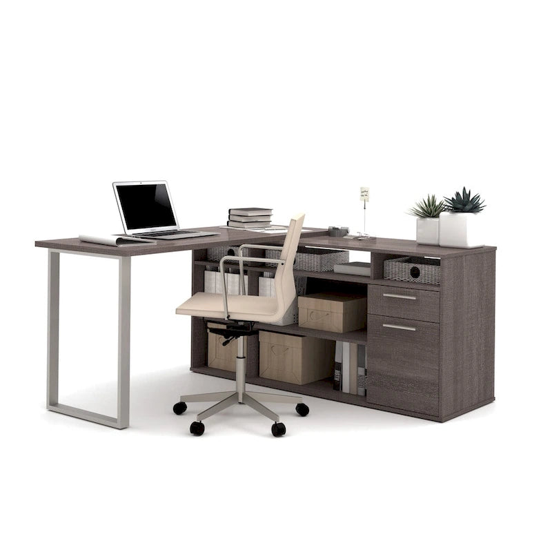 White / Bark Grey / Chocolate L-Shaped Desk Set with File Cabinet & Bookcase – 1 Person