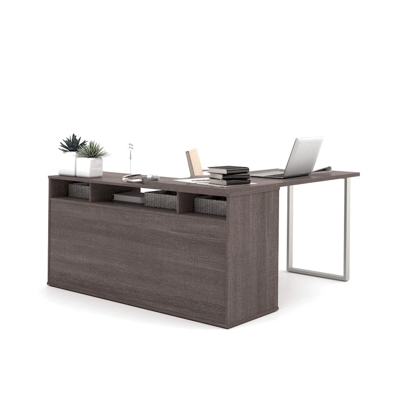 White / Bark Grey / Chocolate L-Shaped Desk Set with File Cabinet & Bookcase – 1 Person