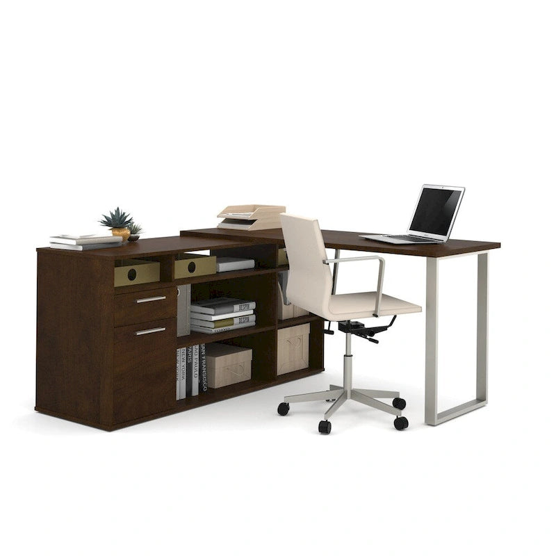 Ensemble de bureau en L blanc / gris écorce / chocolat avec classeur et bibliothèque – 1 personne
