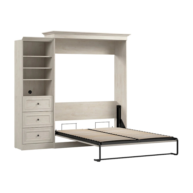 Lit escamotable Queen avec organisateur de penderie et tiroirs, 92 po L — Blanc / Gris platine / Chêne blanc lin, assemblage à 2 personnes