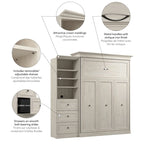 Lit escamotable Queen avec organisateur de penderie et tiroirs, 92 po L — Blanc / Gris platine / Chêne blanc lin, assemblage à 2 personnes