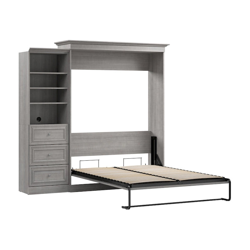 Lit escamotable Queen avec organisateur de penderie et tiroirs, 92 po L — Blanc / Gris platine / Chêne blanc lin, assemblage à 2 personnes