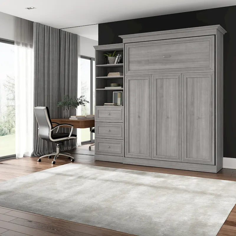Lit escamotable Queen avec organisateur de penderie et tiroirs, 92 po L — Blanc / Gris platine / Chêne blanc lin, assemblage à 2 personnes