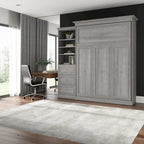Lit escamotable Queen avec organisateur de penderie et tiroirs, 92 po L — Blanc / Gris platine / Chêne blanc lin, assemblage à 2 personnes