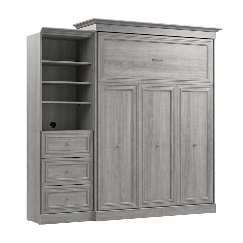 Lit escamotable Queen avec organisateur de penderie et tiroirs, 92 po L — Blanc / Gris platine / Chêne blanc lin, assemblage à 2 personnes