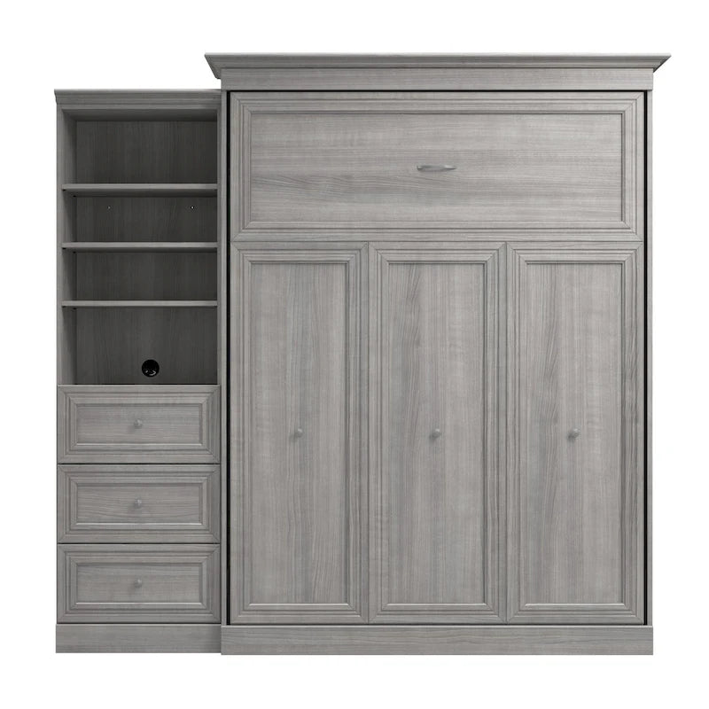 Lit escamotable Queen avec organisateur de penderie et tiroirs, 92 po L — Blanc / Gris platine / Chêne blanc lin, assemblage à 2 personnes