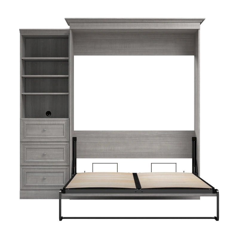 Lit escamotable Queen avec organisateur de penderie et tiroirs, 92 po L — Blanc / Gris platine / Chêne blanc lin, assemblage à 2 personnes