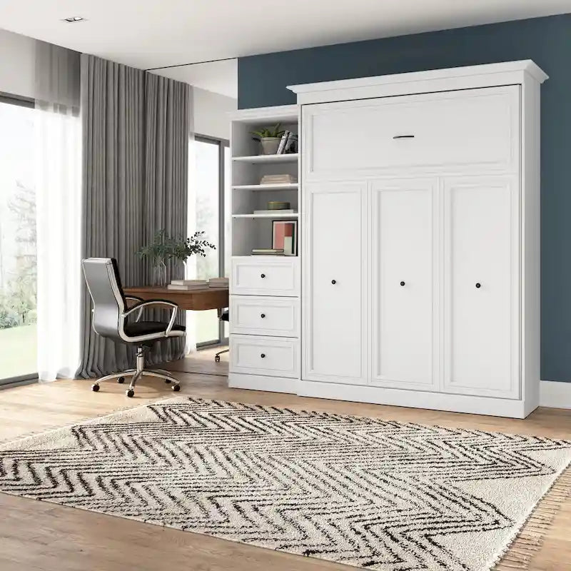 Lit escamotable Queen avec organisateur de penderie et tiroirs, 92 po L — Blanc / Gris platine / Chêne blanc lin, assemblage à 2 personnes