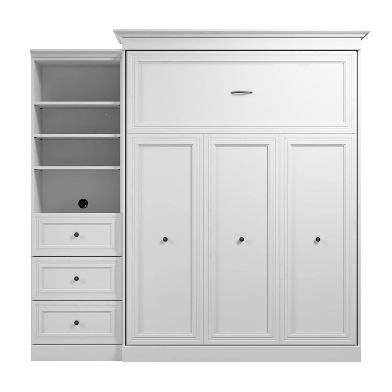 Lit escamotable Queen avec organisateur de penderie et tiroirs, 92 po L — Blanc / Gris platine / Chêne blanc lin, assemblage à 2 personnes