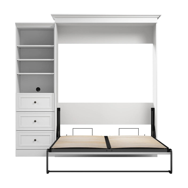 Lit escamotable Queen avec organisateur de penderie et tiroirs, 92 po L — Blanc / Gris platine / Chêne blanc lin, assemblage à 2 personnes