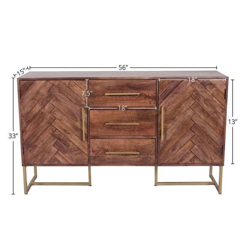 Cabinet de rangement 2 portes, 3 tiroirs, chevrons bruns