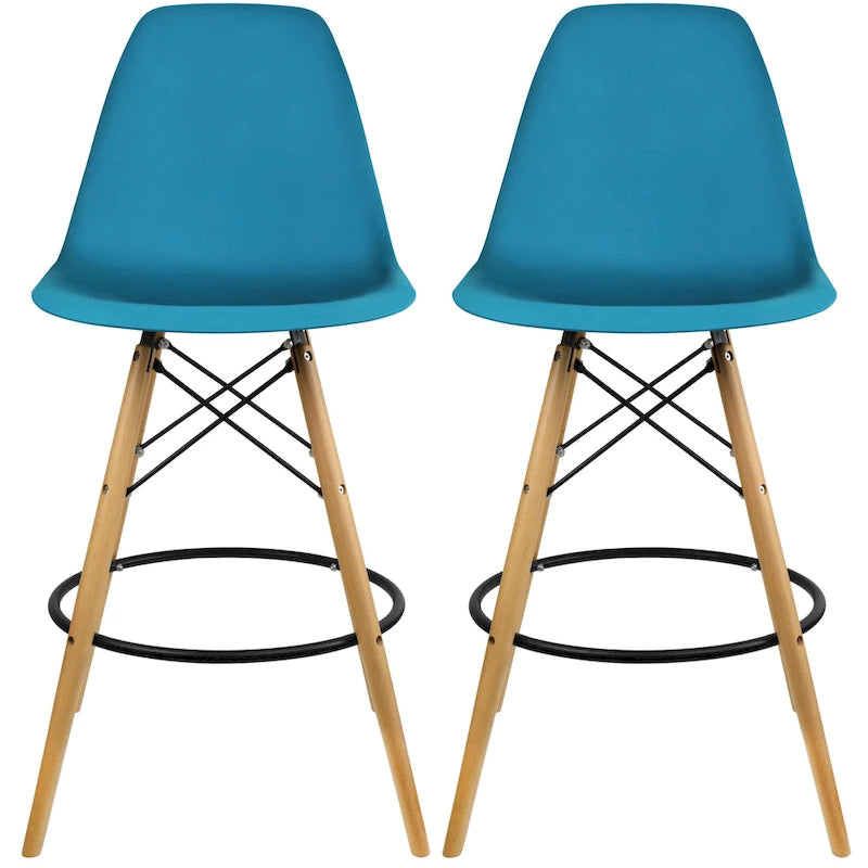 Tabouret de comptoir sans accoudoirs en plastique moulé, pieds Eiffel en bois, hauteur d'assise de 71 cm – Lot de 2