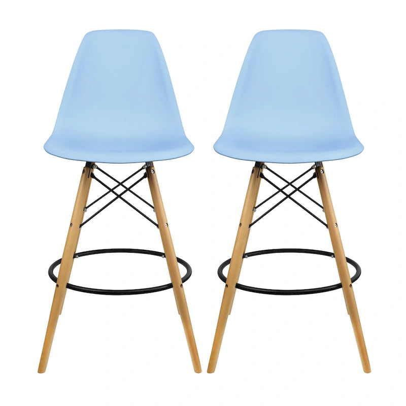 Tabouret de comptoir sans accoudoirs en plastique moulé, pieds Eiffel en bois, hauteur d'assise de 71 cm – Lot de 2