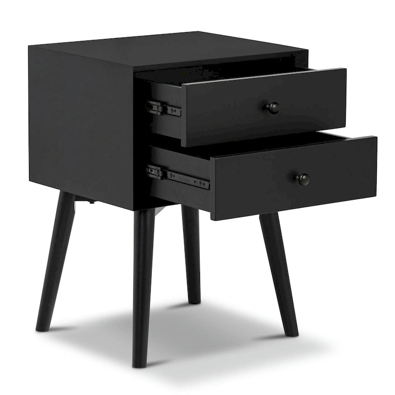 Table de chevet 2 tiroirs Mid-Century – Chêne clair / Noir / Chêne / Blanc