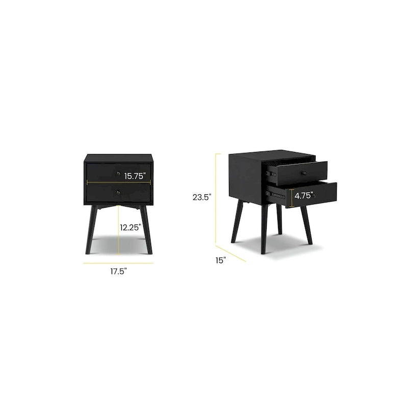 Table de chevet 2 tiroirs Mid-Century – Chêne clair / Noir / Chêne / Blanc