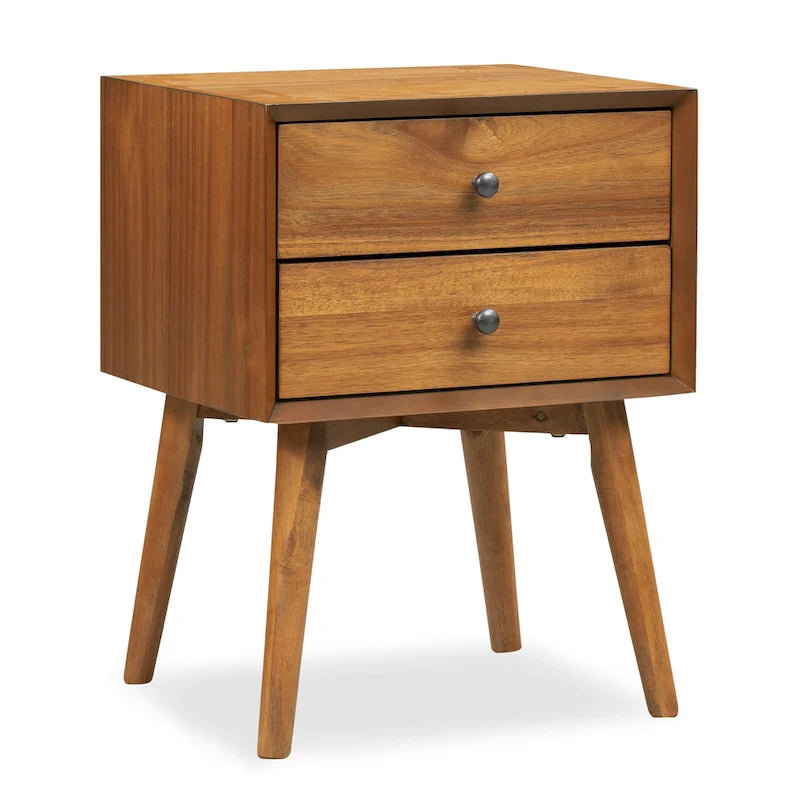 Table de chevet 2 tiroirs Mid-Century – Chêne clair / Noir / Chêne / Blanc