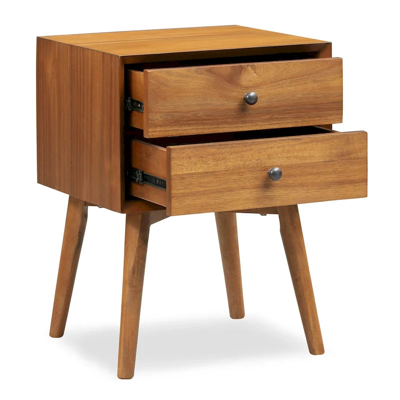 Table de chevet 2 tiroirs Mid-Century – Chêne clair / Noir / Chêne / Blanc