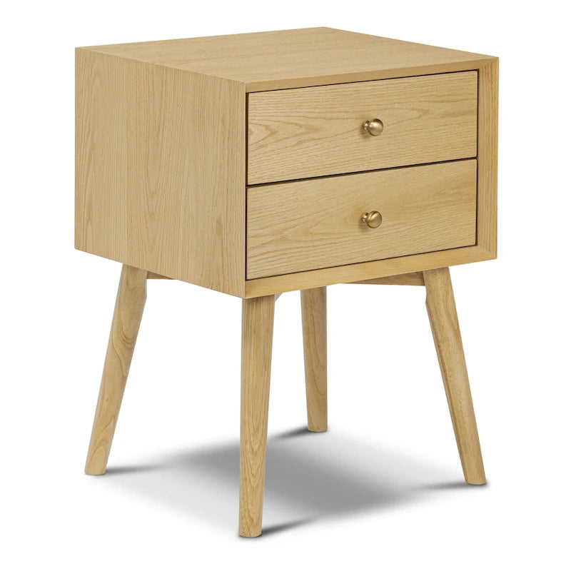Table de chevet 2 tiroirs Mid-Century – Chêne clair / Noir / Chêne / Blanc