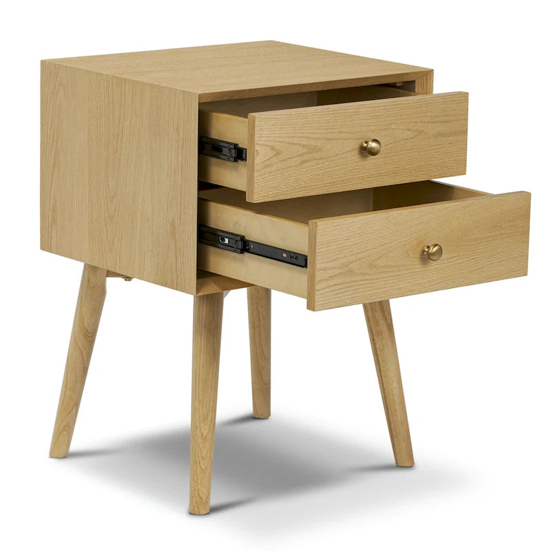 Table de chevet 2 tiroirs Mid-Century – Chêne clair / Noir / Chêne / Blanc