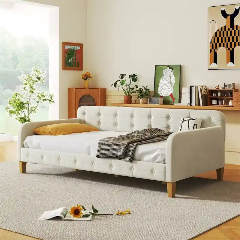 Twin Size White Velvet Upholstered Daybed – Sleeps 1