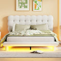 Lit plateforme en velours beige/gris avec LED, tête de lit capitonnée, queen, 2 personnes