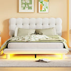 Lit plateforme en velours beige/gris avec LED, tête de lit capitonnée, queen, 2 personnes