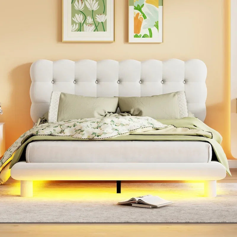 Beige/Grey Velvet Platform Bed with LED, Button-Tufted Headboard, Queen, 2-Person