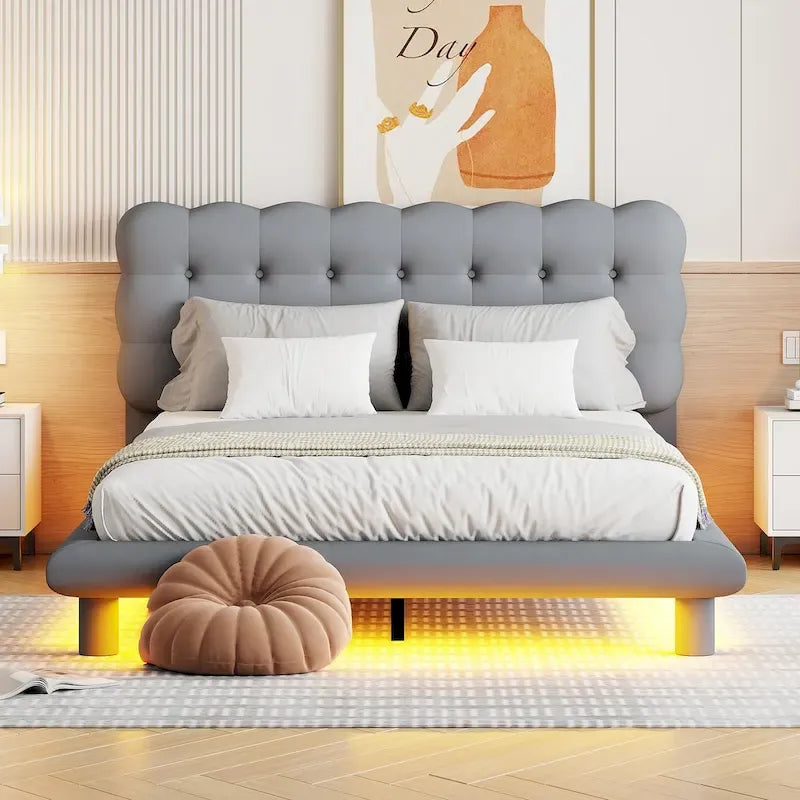 Beige/Grey Velvet Platform Bed with LED, Button-Tufted Headboard, Queen, 2-Person
