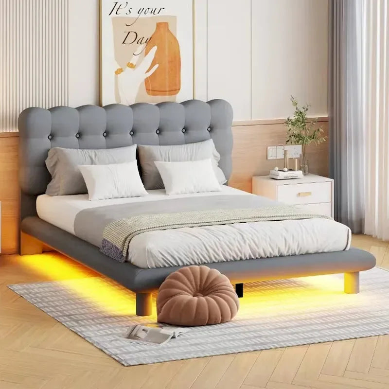 Beige/Grey Velvet Platform Bed with LED, Button-Tufted Headboard, Queen, 2-Person