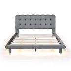 Lit plateforme en velours beige/gris avec LED, tête de lit capitonnée, queen, 2 personnes