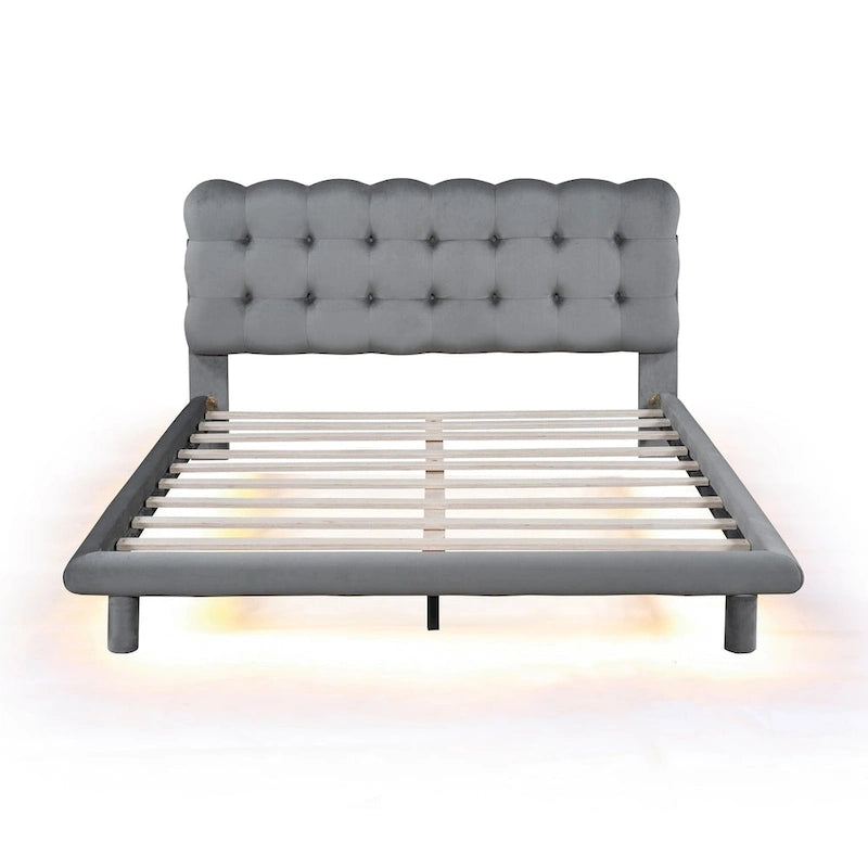 Beige/Grey Velvet Platform Bed with LED, Button-Tufted Headboard, Queen, 2-Person