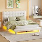 Lit plateforme en velours beige/gris avec LED, tête de lit capitonnée, queen, 2 personnes
