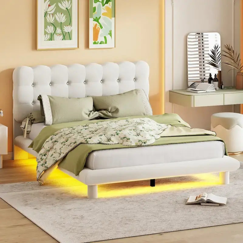 Beige/Grey Velvet Platform Bed with LED, Button-Tufted Headboard, Queen, 2-Person