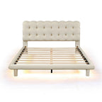 Lit plateforme en velours beige/gris avec LED, tête de lit capitonnée, queen, 2 personnes