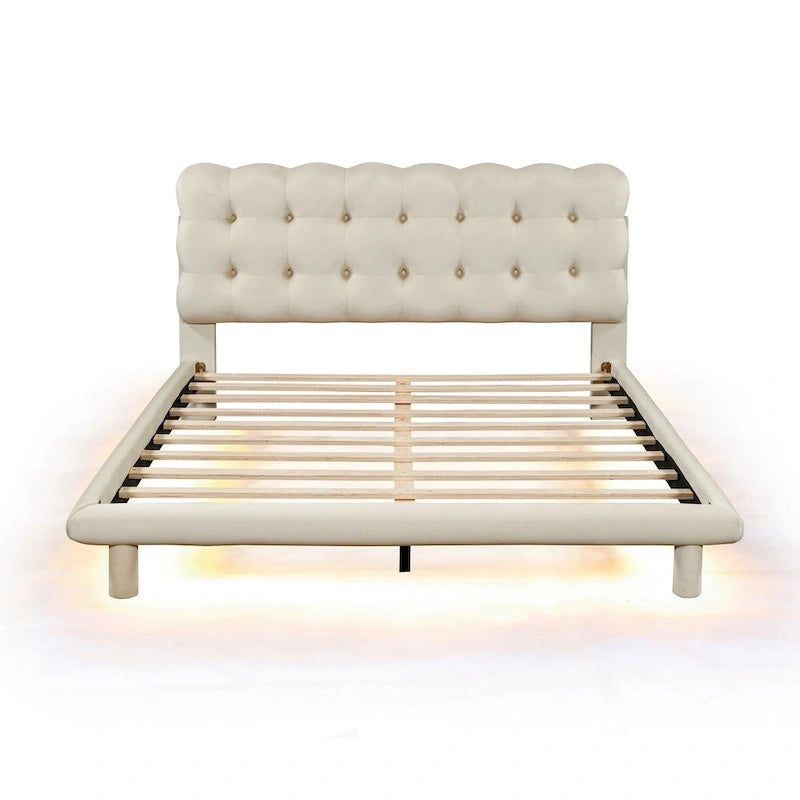 Beige/Grey Velvet Platform Bed with LED, Button-Tufted Headboard, Queen, 2-Person