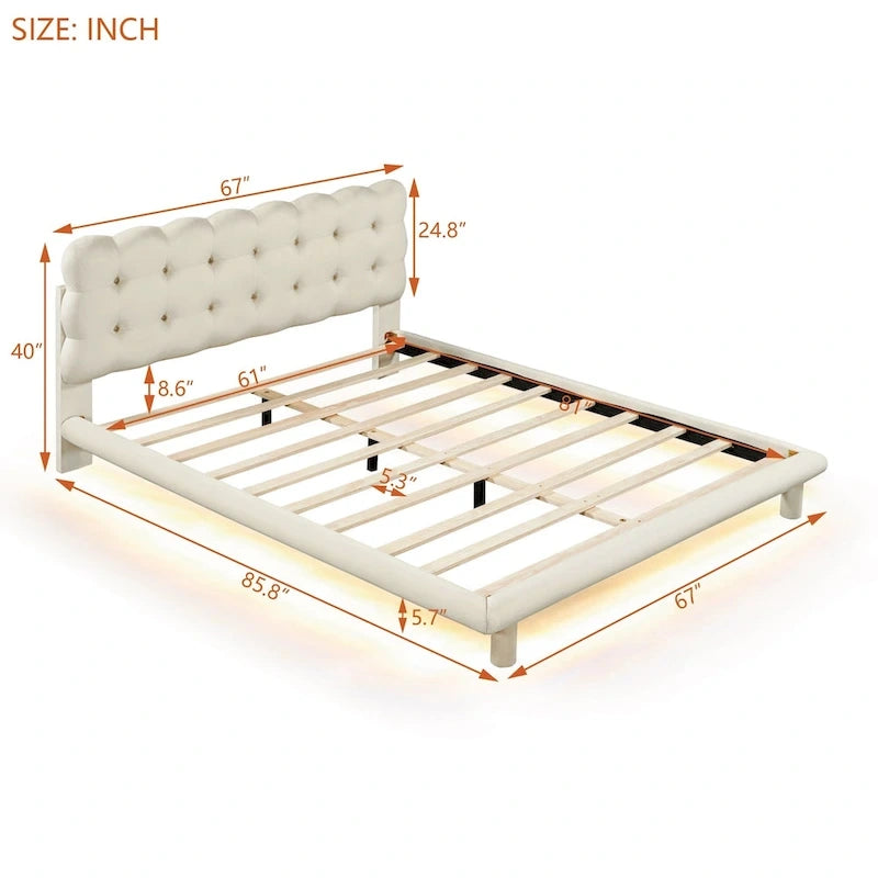 Lit plateforme en velours beige/gris avec LED, tête de lit capitonnée, queen, 2 personnes