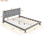 Lit plateforme en velours beige/gris avec LED, tête de lit capitonnée, queen, 2 personnes
