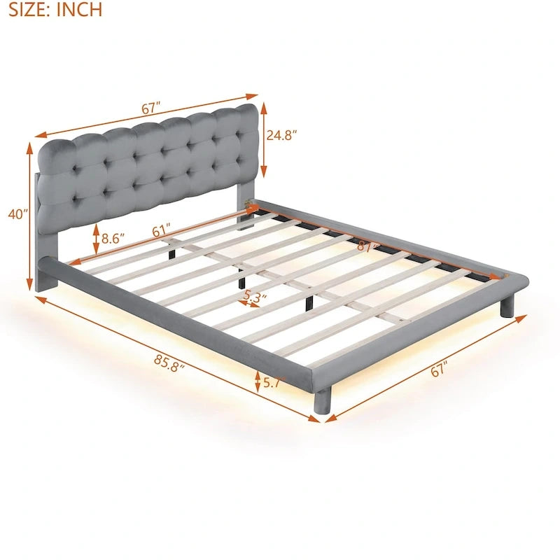 Lit plateforme en velours beige/gris avec LED, tête de lit capitonnée, queen, 2 personnes