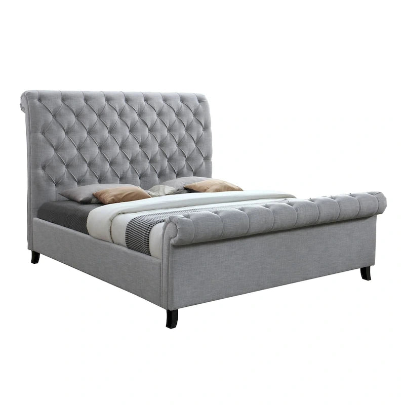 Gray & Black Queen Bed — Tufted Upholstered Headboard, Fits 1–2 Persons