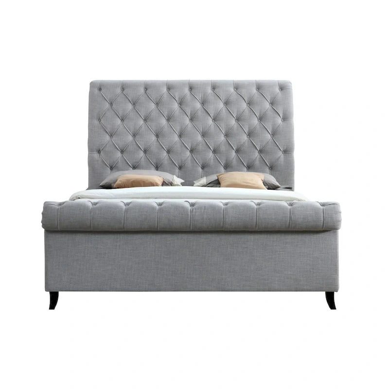 Gray & Black Queen Bed — Tufted Upholstered Headboard, Fits 1–2 Persons