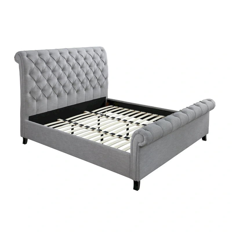 Gray & Black Queen Bed — Tufted Upholstered Headboard, Fits 1–2 Persons