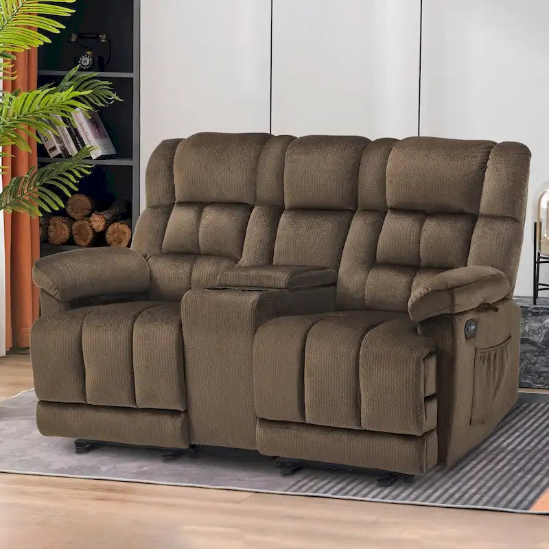 Causeuse inclinable électrique avec console, 2 places, Marron/Gris/Bleu
