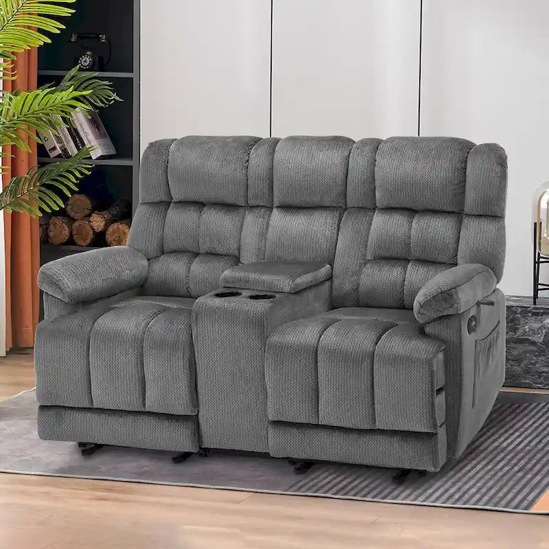 Causeuse inclinable électrique avec console, 2 places, Marron/Gris/Bleu